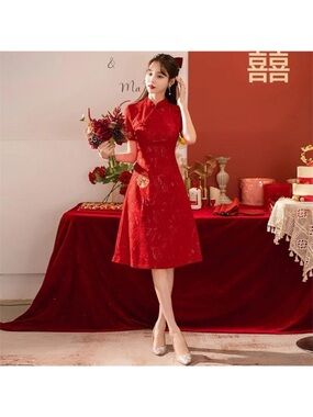 Red Floral Lace Shimmery Chinese Qipao Cheongsam Midi Dress Size Medium